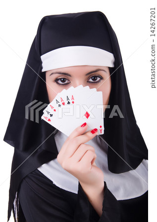 Nun playing cards on white Nun playing cards on white 14267201
