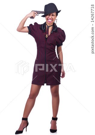 Young woman gangster with gun on white Young woman gangster with gun on white 14267718