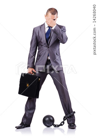 Businessman with shackles on white Businessman with shackles on white 14268040