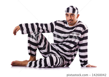 Inmate in stiped uniform on white Inmate in stiped uniform on white 14268042
