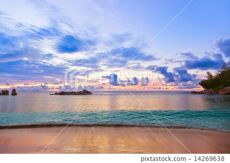 Seychelles tropical beach at sunset Seychelles tropical beach at sunset 14269638