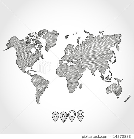 Hand drawn doodle sketch political world map and geo tag pin pointers marker vector illustration 14270888