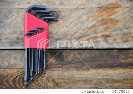 Hex set of hand tools on wooden background, Tools equipment. Hex set of hand tools on wooden background, Tools equipment. 14270951