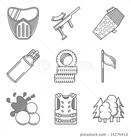 Black line icons vector collection of paintball equipment 14276418