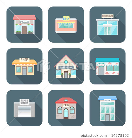 vector colored flat style various buildings icons set. 14278102
