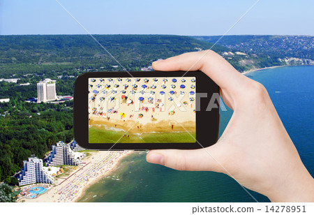 tourist taking photo of Albena sand beaches tourist taking photo of Albena sand beaches 14278951