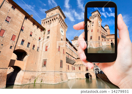 tourist taking photo of Castle Estense in Ferrara tourist taking photo of Castle Estense in Ferrara 14279931