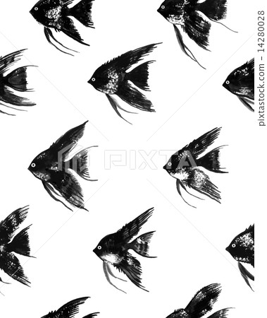 Vector seamless pattern with watercolor black angelfish 14280028