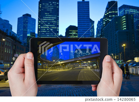 tourist taking photo of New York City in night 14280065