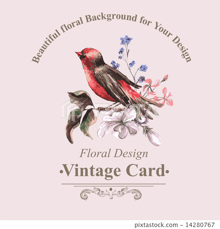 Vintage Floral Card with Bird on Branch 14280767