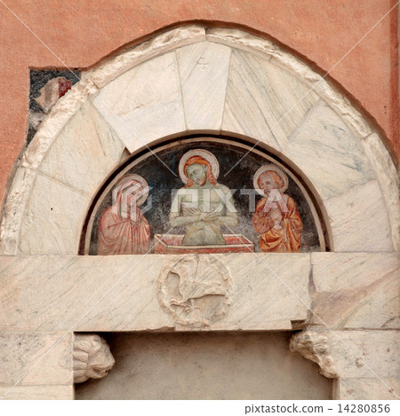 Religion medieval fresco on the church wall in Bormio, Italy Religion medieval fresco on the church wall in Bormio, Italy 14280856