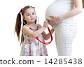 kid girl listening to pregnant mother tummy 14285438