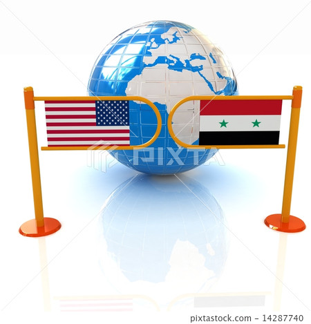 Three-dimensional image of the turnstile and flags of USA and Sy 14287740