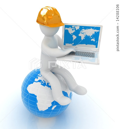 3d man in a hard hat sitting on earth and working at his laptop 14288106