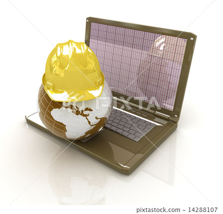 Hard hat and earth on a laptop Hard hat and earth on a laptop 14288107