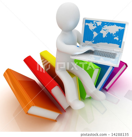 3d man in hard hat sitting on books and working at his laptop 3d man in hard hat sitting on books and working at his laptop 14288135
