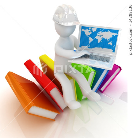 3d man in hard hat sitting on books and working at his laptop 14288136