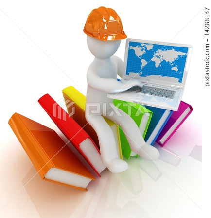 3d man in hard hat sitting on books and working at his laptop 14288137
