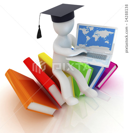 3d man in graduation hat sitting on books and working at his lap 3d man in graduation hat sitting on books and working at his lap 14288138