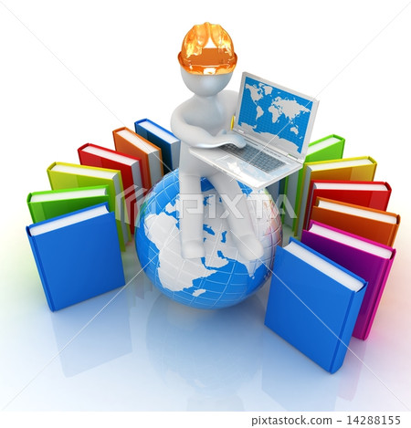 3d man in hard hat sitting on earth and working at his laptop an 3d man in hard hat sitting on earth and working at his laptop an 14288155