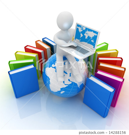 3d man sitting on earth and working at his laptop and books arou 3d man sitting on earth and working at his laptop and books arou 14288156