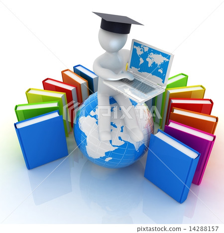 3d man in graduation hat sitting on earth and working at his lap 3d man in graduation hat sitting on earth and working at his lap 14288157