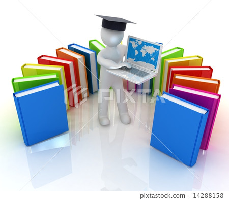 3d man in graduation hat working at his laptop and books 3d man in graduation hat working at his laptop and books 14288158