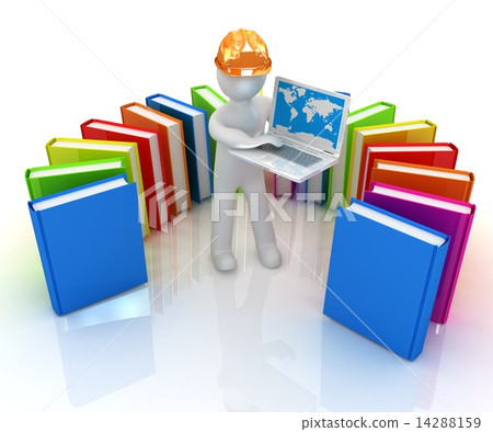 3d man in hard hat working at his laptop and books 3d man in hard hat working at his laptop and books 14288159