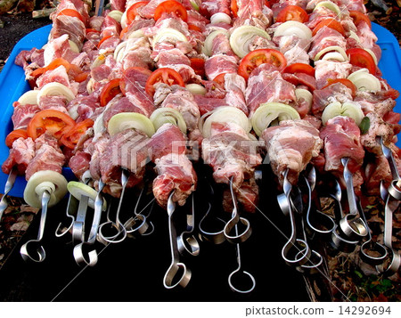 Cooking fresh meat barbecue on open fire Cooking fresh meat barbecue on open fire 14292694