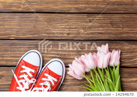 Red gumshoes and tulips Red gumshoes and tulips 14294670