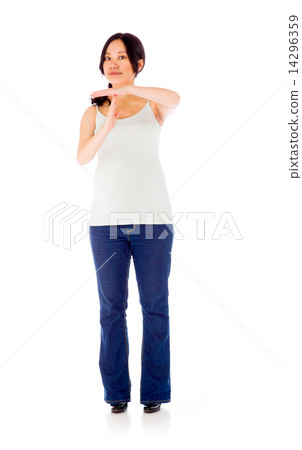 Pregnant asian woman isolated on white break hand gesture Pregnant asian woman isolated on white break hand gesture 14296359