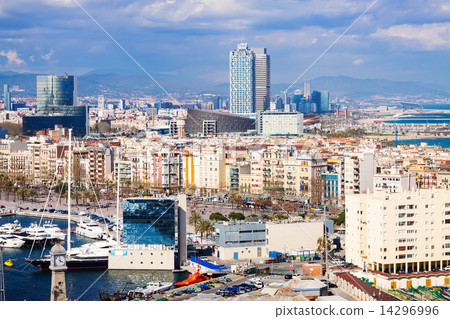 Aerial view of Port Vell and  Barcelona seaside 14296996