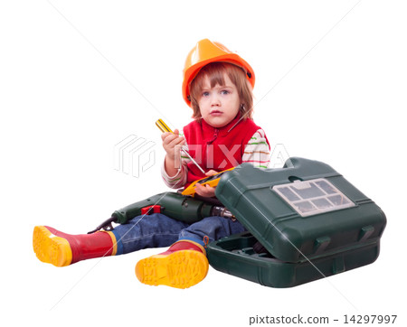 serious baby builder in hardhat with working tools serious baby builder in hardhat with working tools 14297997