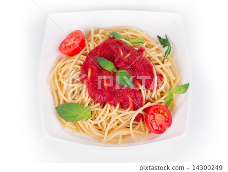 Pasta with tomato sauce and basil. 14300249