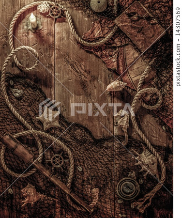 Sea concept on a wooden table background Sea concept on a wooden table background 14307569