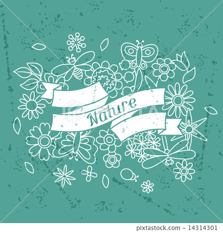 Card with beautiful simple flowers, beetles and butterflies 14314301