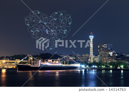 heart Fireworks celebrating over marina bay in Yokohama City 14314763
