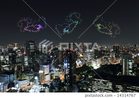 heart sparkle Fireworks celebrating over Tokyo cityscape at nigh heart sparkle Fireworks celebrating over Tokyo cityscape at nigh 14314767