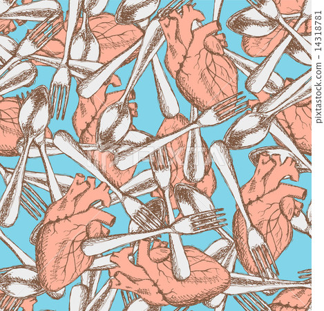 Sketch human heart, fork anf spoon in vintage style 14318781
