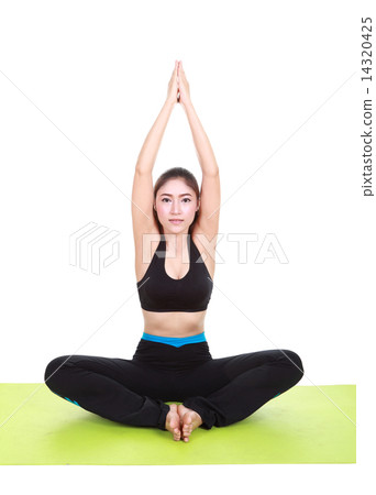 Young woman doing yoga exercise with yoga mat 14320425