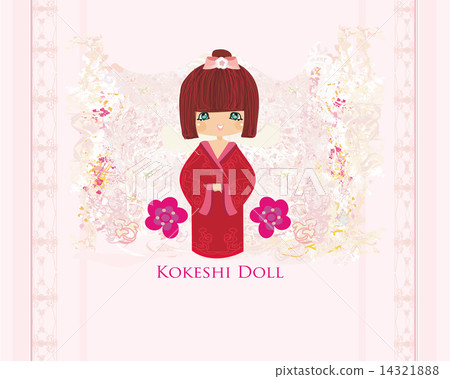 Kokeshi doll on the pink background with floral ornament Kokeshi doll on the pink background with floral ornament 14321888
