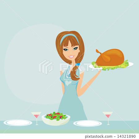 Beautiful lady serving chicken or turkey 14321890