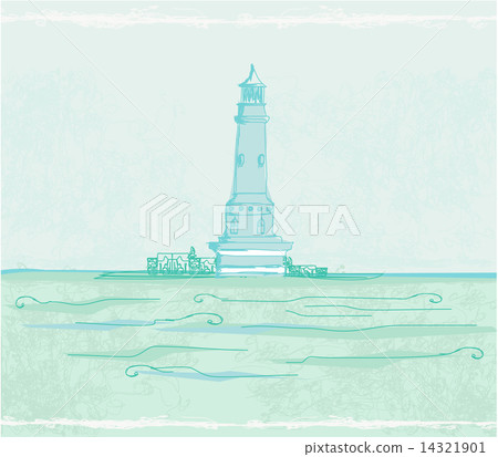 lighthouse seen from a tiny beach - Grunge Poster lighthouse seen from a tiny beach - Grunge Poster 14321901