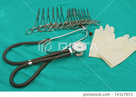 Stethoscope and Medical tools  on green background 14327653