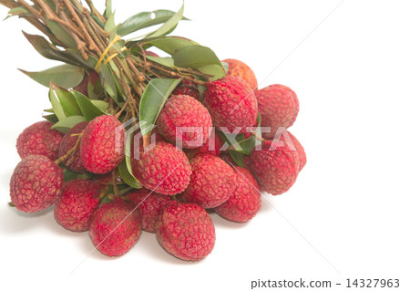 Fresh lychees with leaves Fresh lychees with leaves 14327963
