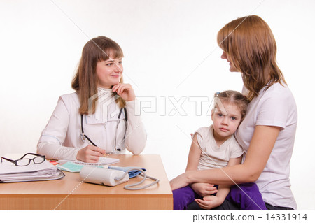 Pediatrician in office talking with my mother sick child Pediatrician in office talking with my mother sick child 14331914