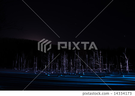 Blue pond lighted up Biei town 14334173