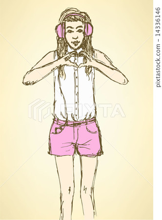 Sketch cute hipster girl in vintage style Sketch cute hipster girl in vintage style 14336146