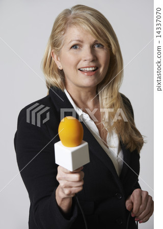 Female Journalist With Microphone On White Background Female Journalist With Microphone On White Background 14337070