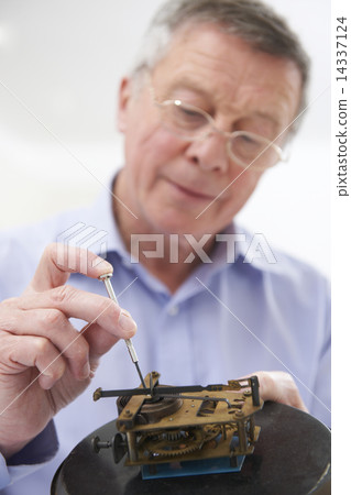 Senior Man Mending Clock Mechanism 14337124
